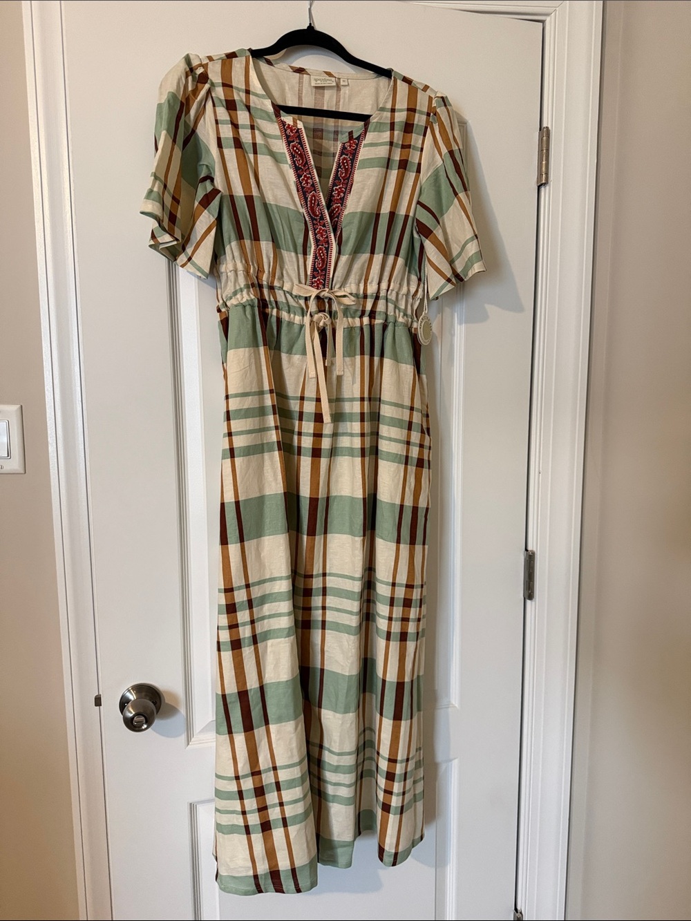Spartina 449 Cream, Sage & Brown Plaid Maxi with Embroidered V